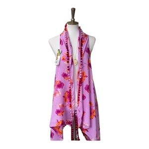 America & Beyond Boho Long Duster Draping Floral Pom Pom Summer Vest Cover Up OS